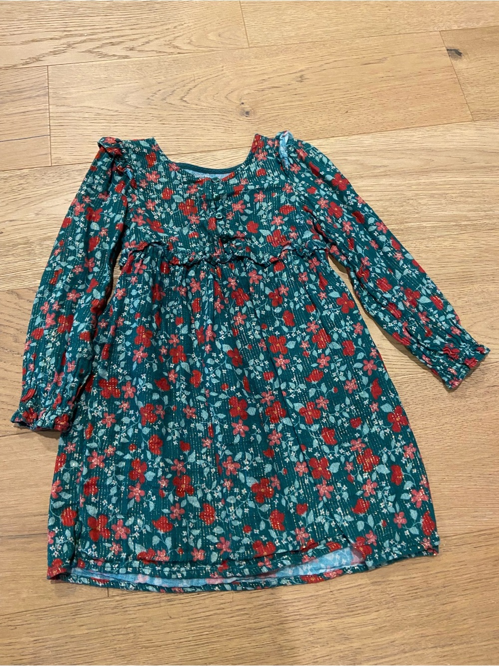 Cat & Jack Girls Floral Holiday Long Sleeve Dress in Green and Red
